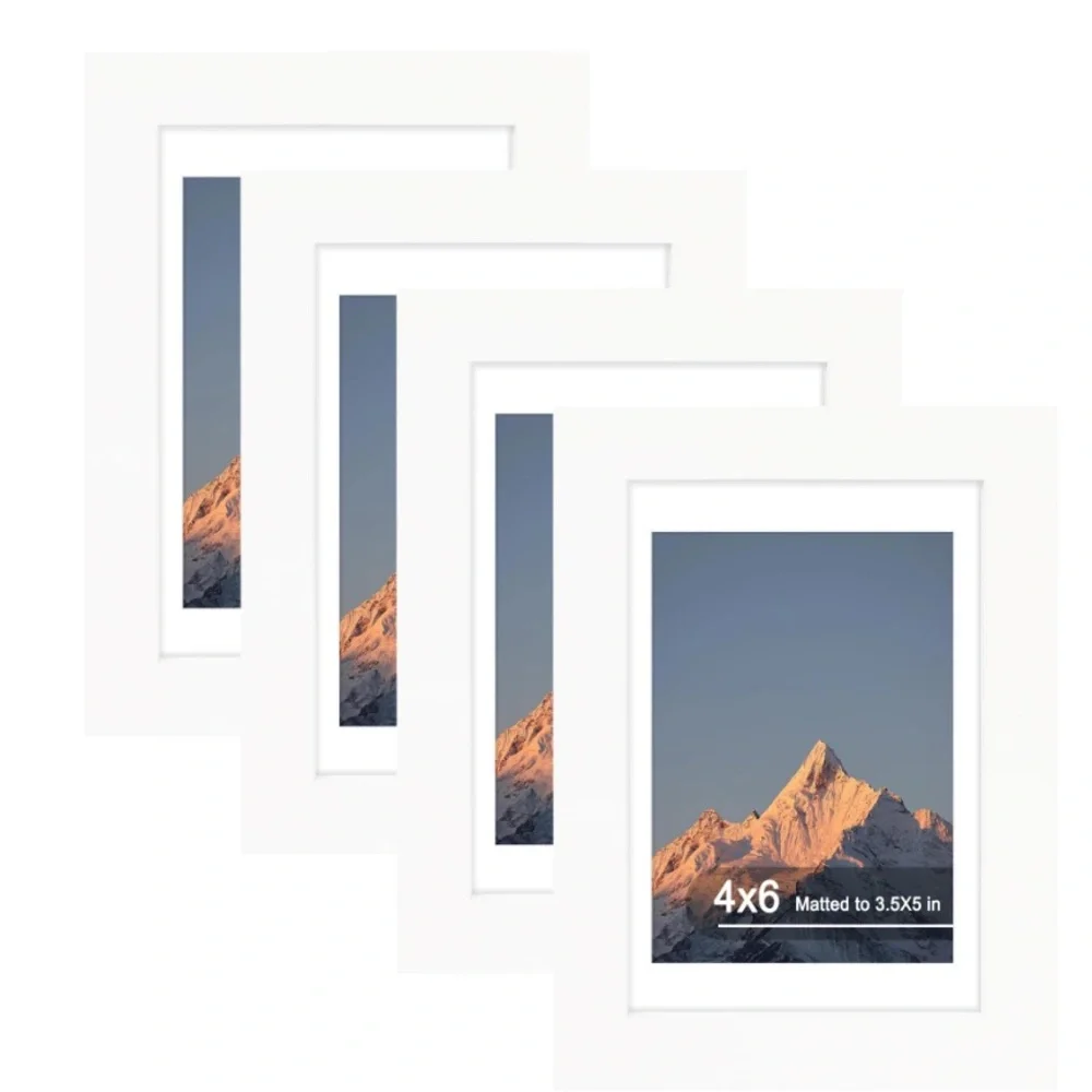 Set of 4 White Wooden Photo Frames with Mat